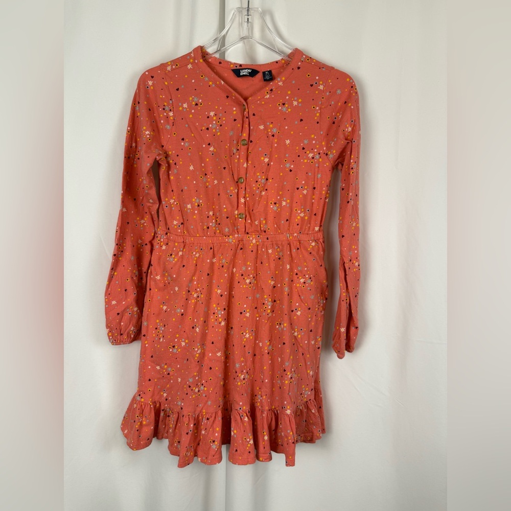 Lands End Coral Floral Tiered Dress XL 14 16 Cottagecore